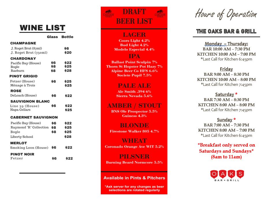 Menu Carlton Oaks Golf Club